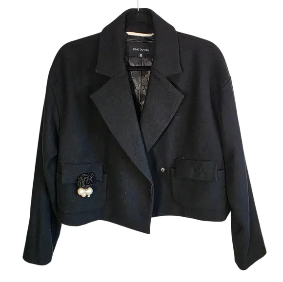 Pink Tartan Cropped Wool Jacket Black Embellished Blazer XS - Picture 7 of 13